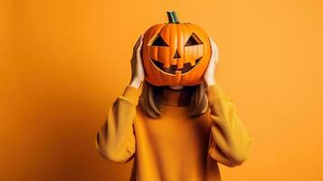 retrato de un mujer con calabaza cabeza. gracioso joven niña en pie aislado en un amarillo fondo, participación un tallado naranja calabaza y ocultación su cara detrás él. Víspera de Todos los Santos concepto. generativo ai foto