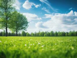 Blurred background of spring nature with a nicely trimmed lawn against a blue sky and clouds on a bright sunny day. Generative AI photo