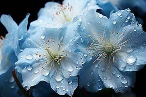 Close up of Blue flowers with drops of water on dark background. Beautiful Macro Photo. Colorful Flowers. Generative AI photo