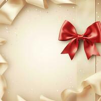 Holiday beige background with gift, red satin bow, ribbon with Copy space. Generative AI photo