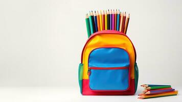 Backpack with bright school stationery on isolate background, banner design. Back to school concept photo