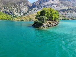 Clear blue Tropical water with green vegetation and a shore photo