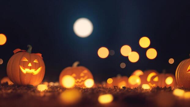 Víspera de Todos los Santos calabazas con ligero bokeh en oscuro antecedentes ai generado foto