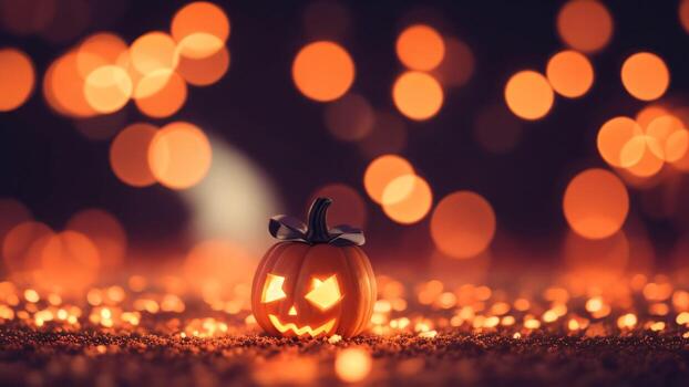 Víspera de Todos los Santos calabaza cabeza Jack o linterna en bokeh antecedentes ai generado foto