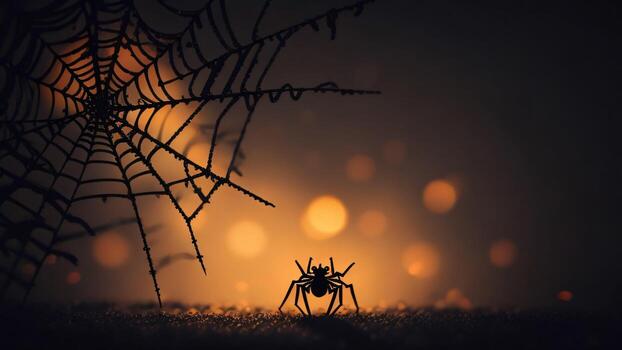 araña y web en un bokeh noche, Víspera de Todos los Santos concepto ai generado foto