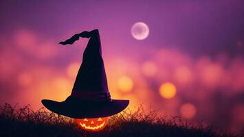 Halloween pumpkin with witch hat on colorful bokeh background ai generated photo