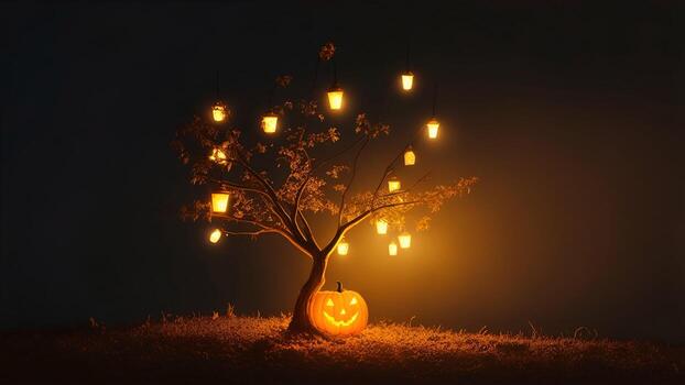 Víspera de Todos los Santos calabaza con linternas y árbol en brumoso noche ai generado foto