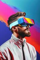 ilustración de un Moda retrato vistiendo un virtual realidad vr auriculares. ai generado. foto