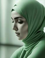 woman in hijab meditating, green color illustration photo