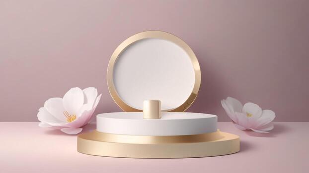 abstract minimal scene with white golden podium, pedestal or platform for product presentation ai generated photo