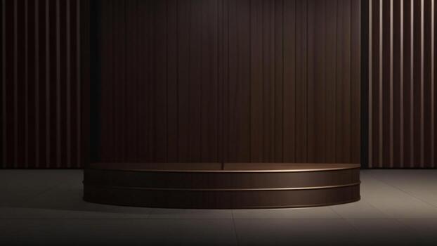 oscuro de madera podio en el habitación con cortinas, 3d representación ai generado foto