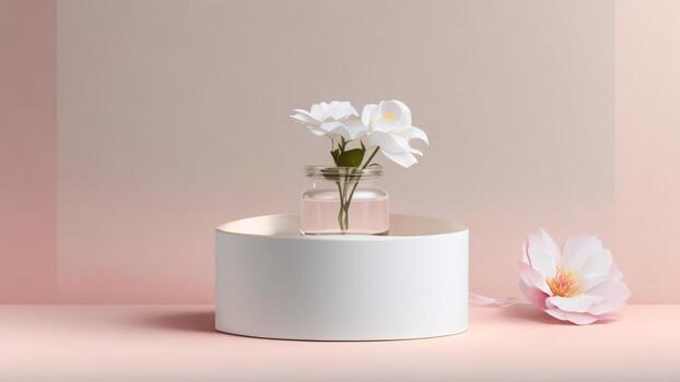 blanco florero con blanco flores en un rosado antecedentes. monitor blanco podio 3d representación ai generado foto