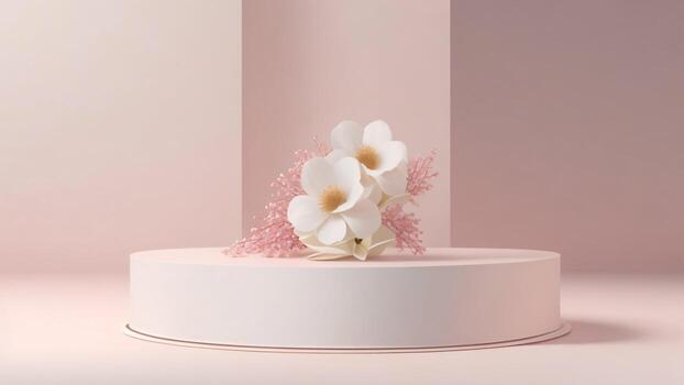 3d prestar, resumen mínimo escena con blanco podio y flores, pastel colores ai generado foto