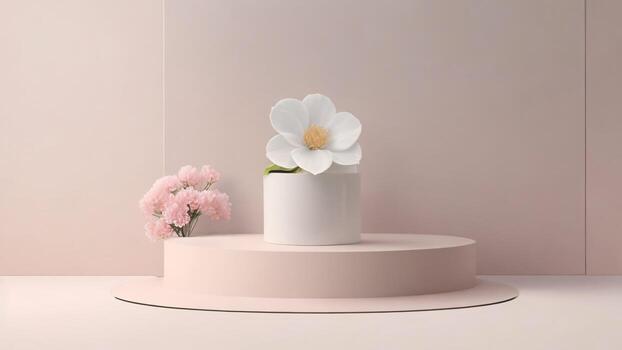3d rendering of white flower in vase on podium for cosmetic product display ai generated photo