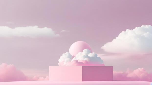 pink podium with pink clouds in the sky, pink sphere, 3d render ai generated photo