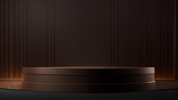 oscuro madera podio en oscuro fondo, 3d hacer ai generado foto