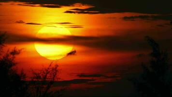 gros rond Soleil à le coucher du soleil par foncé sombre des nuages. incroyable magnifique cramoisi nuageux ciel video