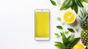 Flat lay of smartphone with blank screen and pineapple, lime and leaves on white background, Generative ai. photo
