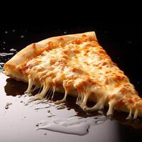de cerca de un rebanada de queso Pizza con goteo fundir queso Mozzarella en oscuro antecedentes ai generativo foto