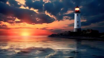 Lighthouse in moody sky sunset with beautiful nightly seascape. Lighthouse day concept AI Generative photo