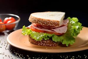 Closeup Sandwich Bologna Sauce with tomato slice, lettuce , bread, sliced meat AI Generative Image photo