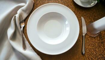 Template empty plate in expensive luxury restaurant. Tableware serving mockup, copy space. photo