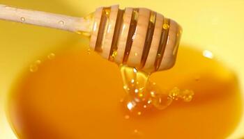 Pouring golden honey texture. Healthy and natural delicious sweets. Flow dripping yellow melted liquid. Food background. photo