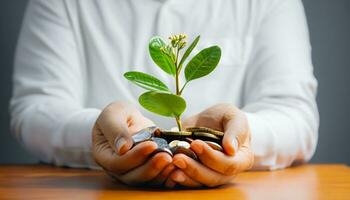 Businessman protection a money tree. Concept of investments and savings. photo