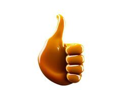 Delicious melted caramel love. Flow, wave and drops splash caramels sauce. Sweet food design of thumb up, like. AI Generative photo