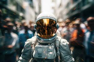 Astronaut wearing space suit at crowded street in rush hour. Generative AI photo