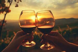 Two people drink wine at sunset, hold wine glasses in hands . Generative AI photo