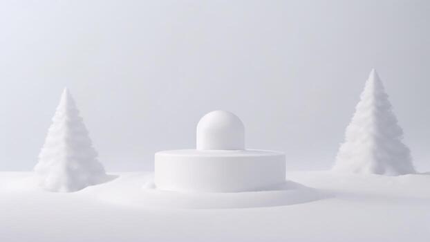 White podium for product presentation with Christmas snow trees, 3D render ai generated photo