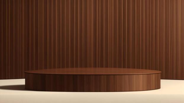marrón madera podio para producto monitor en estudio fondo, difuminar enfocar, 3d hacer ai generado foto