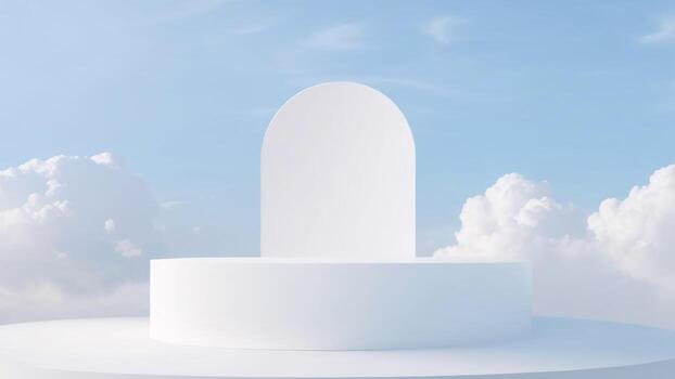 mínimo monitor blanco podio con nubes en el cielo fondo, 3d hacer ai generado foto