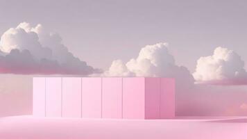 Minimalist abstract background, pink cube arrangement with clouds, pastel colors, 3D render ai generated photo