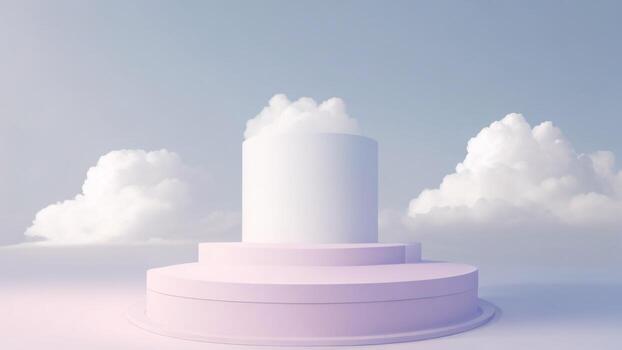 3d representación de ligero púrpura podio con blanco nubes en el cielo ai generado foto