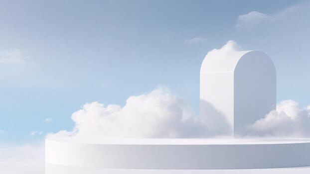 3d rendering of white podium in the blue sky with white clouds ai generated photo