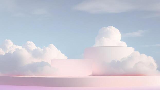 minimalista resumen escena con ligero rosado podio y nubes, 3d hacer ai generado foto