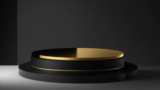 negro y oro redondo podio en negro fondo, 3d hacer ilustración ai generado foto