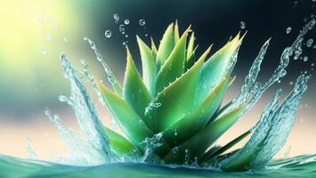 Aloe vera leaves with water splash, blur background ai generated photo