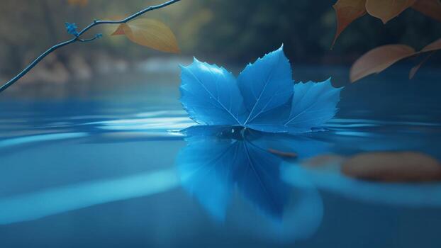 azul hoja en el superficie de el agua, reflexión en el agua ai generado foto