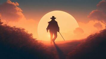 Silhouette of a cowboy walking on the road at sunset ai generated photo