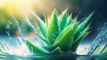 Aloe vera plant with water splash, close up ai generated photo