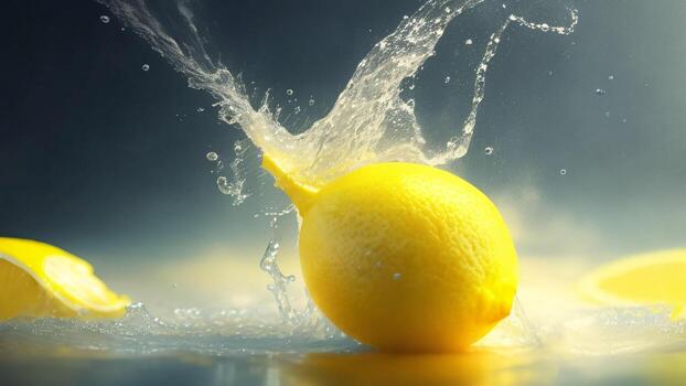 lemon and water splash on a dark background, close up, warm tone ai generated photo