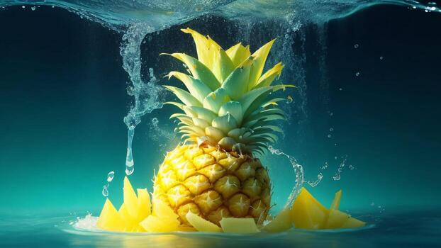 Pineapple with slices fall into dark green water with ripple ai generated photo