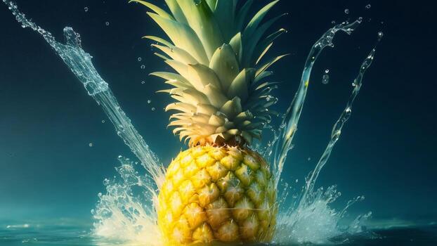piña con salpicaduras y gotas de agua en un oscuro azul antecedentes ai generado foto