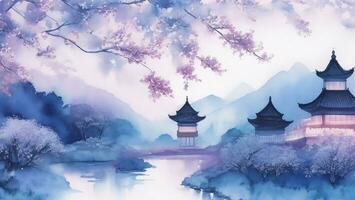 Purple gradient watercolor, Chinese temple, cherry blossom mountain lake in wonderland at night ai generated photo