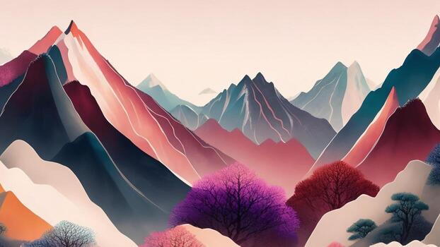 paisaje con rojo verde montañas, arboles y nubes, mano dibujado pintura ai generado foto