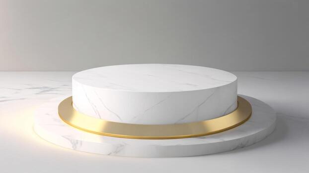 blanco mármol podio con oro anillo en blanco fondo, 3d hacer ai generado foto