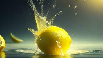 limón salpicaduras dentro el agua en un oscuro antecedentes con Copiar espacio ai generado foto